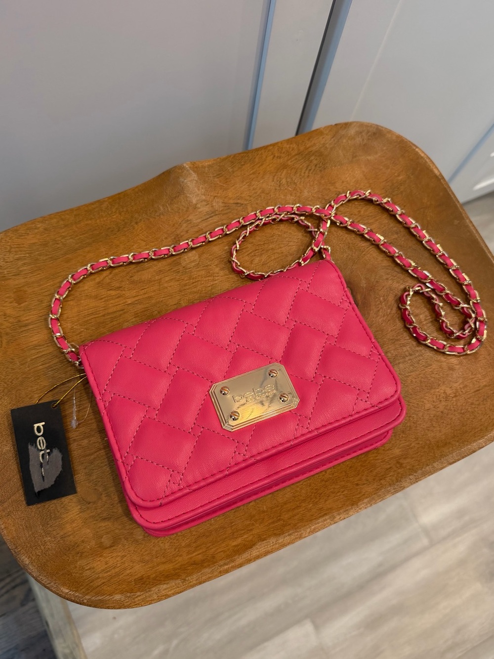 bebe Stanley Crossbody Bag in Barbie Pink with Chain Strap